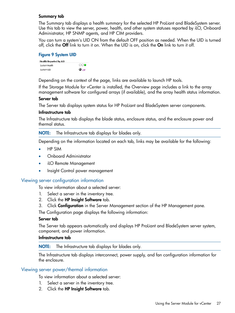 Viewing server configuration information, Viewing server power/thermal information | HP OneView for VMware vCenter User Manual | Page 27 / 92