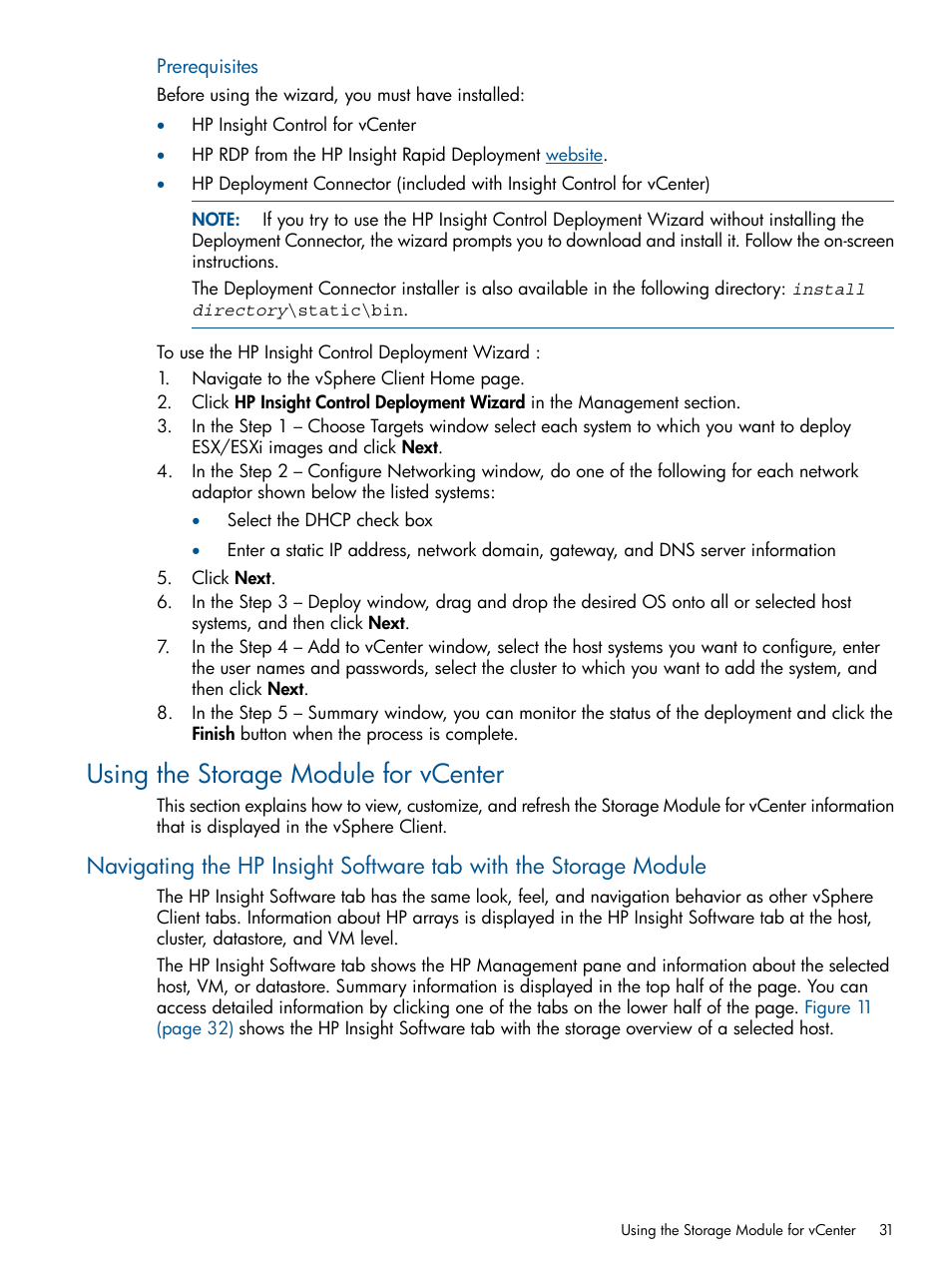 Using the storage module for vcenter, Navigating the hp insight software tab with the | HP OneView for VMware vCenter User Manual | Page 31 / 92