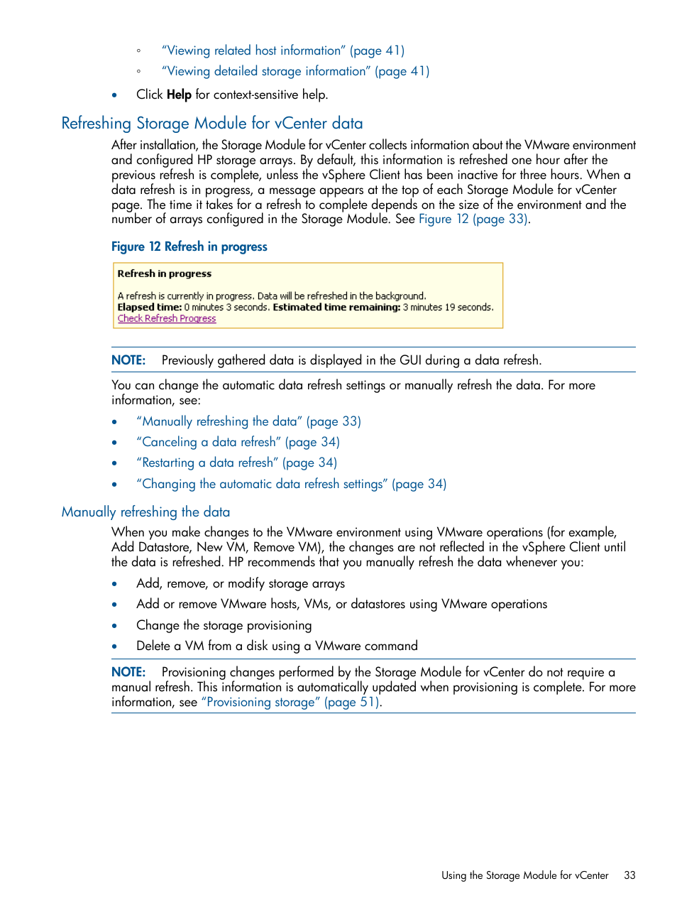 Refreshing storage module for vcenter data, Manually refreshing the data | HP OneView for VMware vCenter User Manual | Page 33 / 92