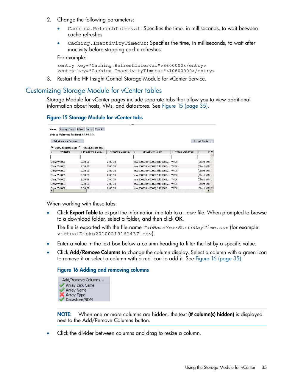 Customizing storage module for vcenter tables, Customizing storage module for vcenter | HP OneView for VMware vCenter User Manual | Page 35 / 92