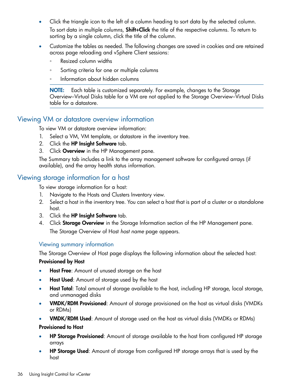 Viewing vm or datastore overview information, Viewing storage information for a host | HP OneView for VMware vCenter User Manual | Page 36 / 92