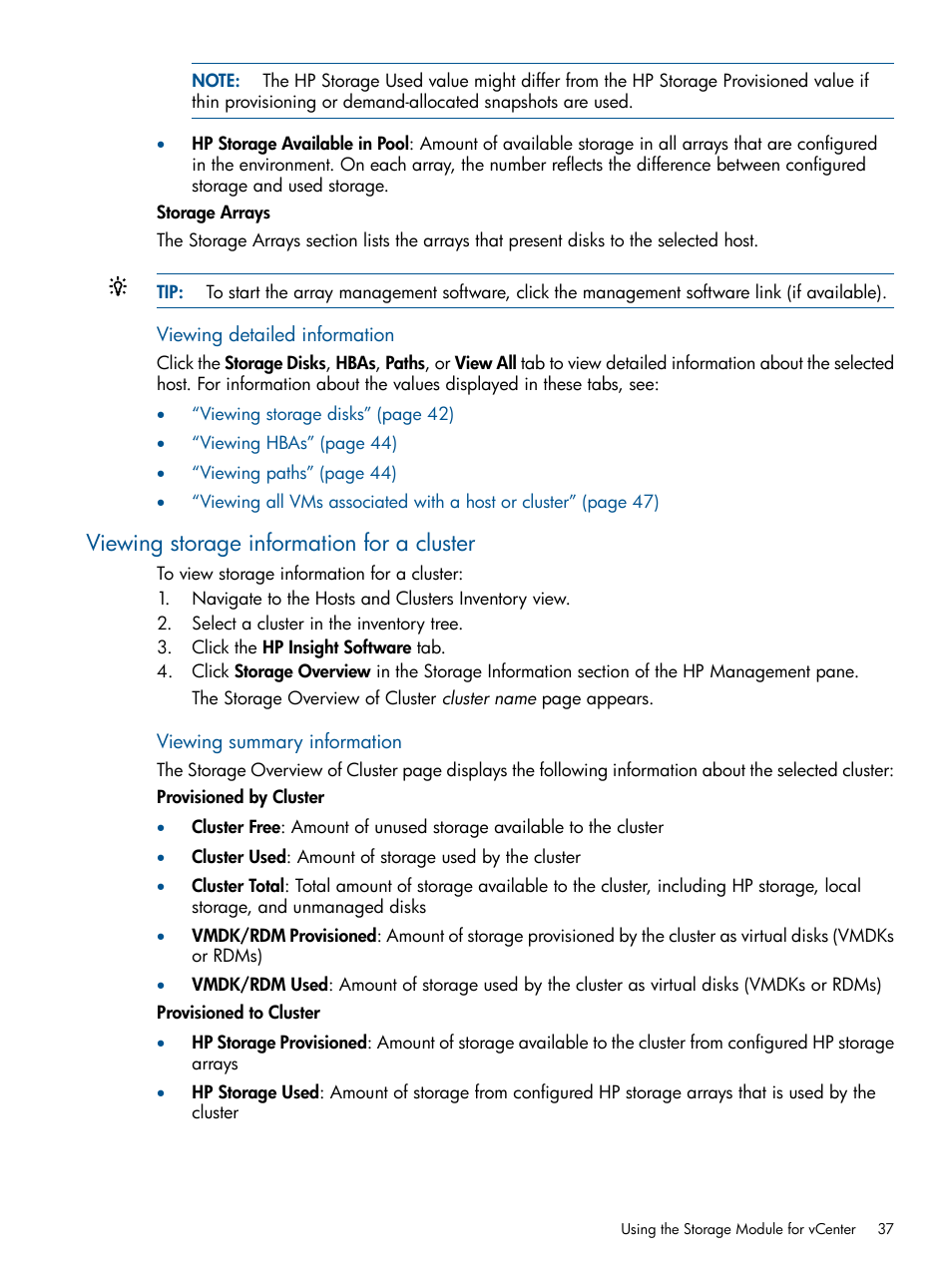 Viewing storage information for a cluster | HP OneView for VMware vCenter User Manual | Page 37 / 92