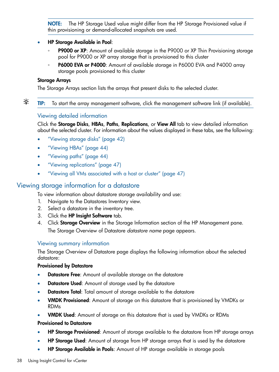 Viewing storage information for a datastore | HP OneView for VMware vCenter User Manual | Page 38 / 92