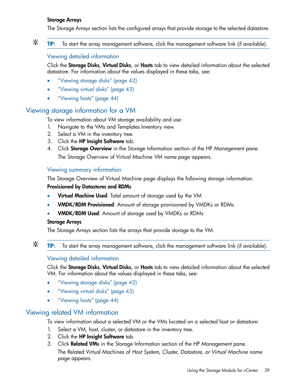 Viewing storage information for a vm, Viewing related vm information | HP OneView for VMware vCenter User Manual | Page 39 / 92