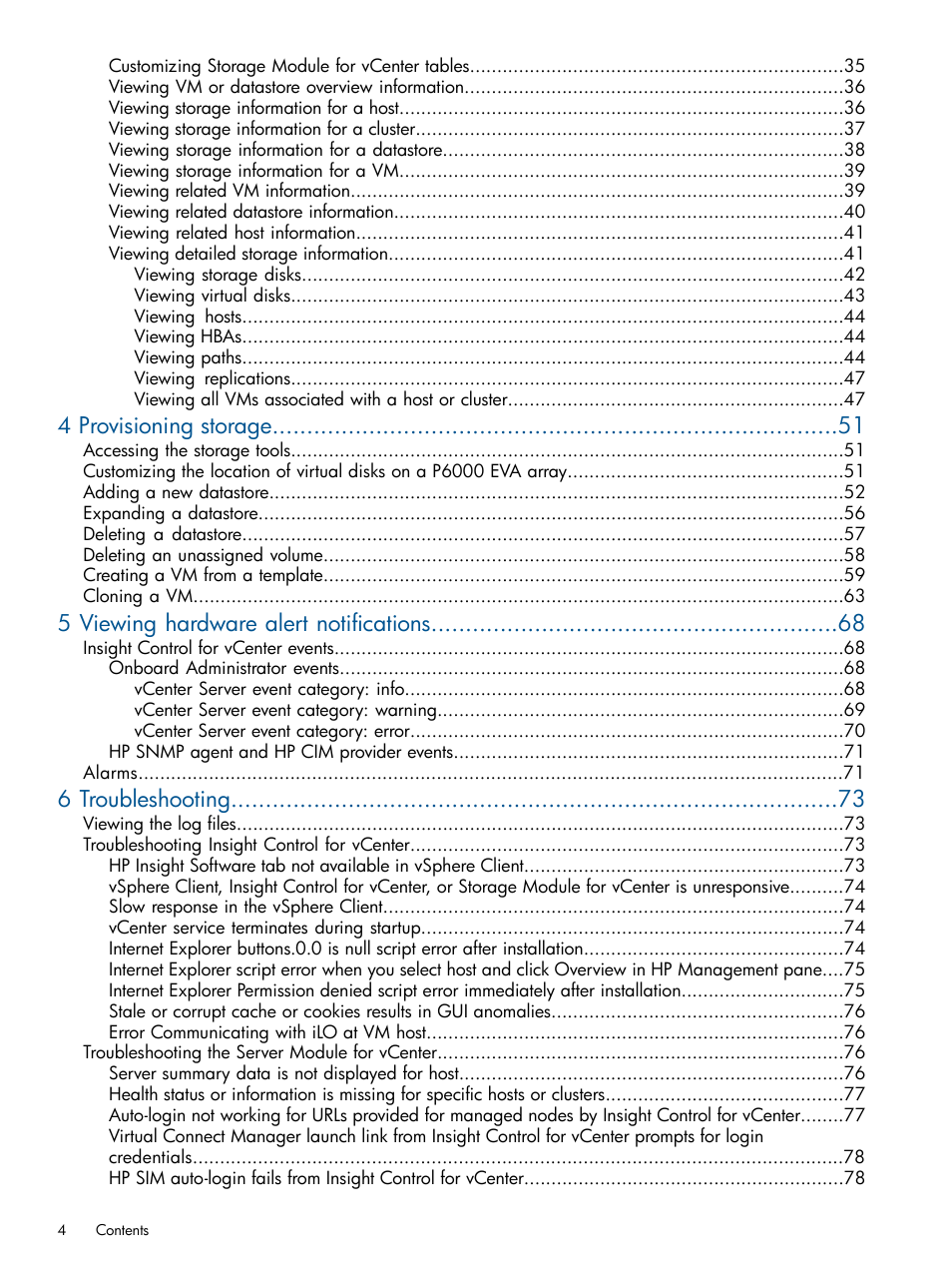 4 provisioning storage, 5 viewing hardware alert notifications, 6 troubleshooting | HP OneView for VMware vCenter User Manual | Page 4 / 92