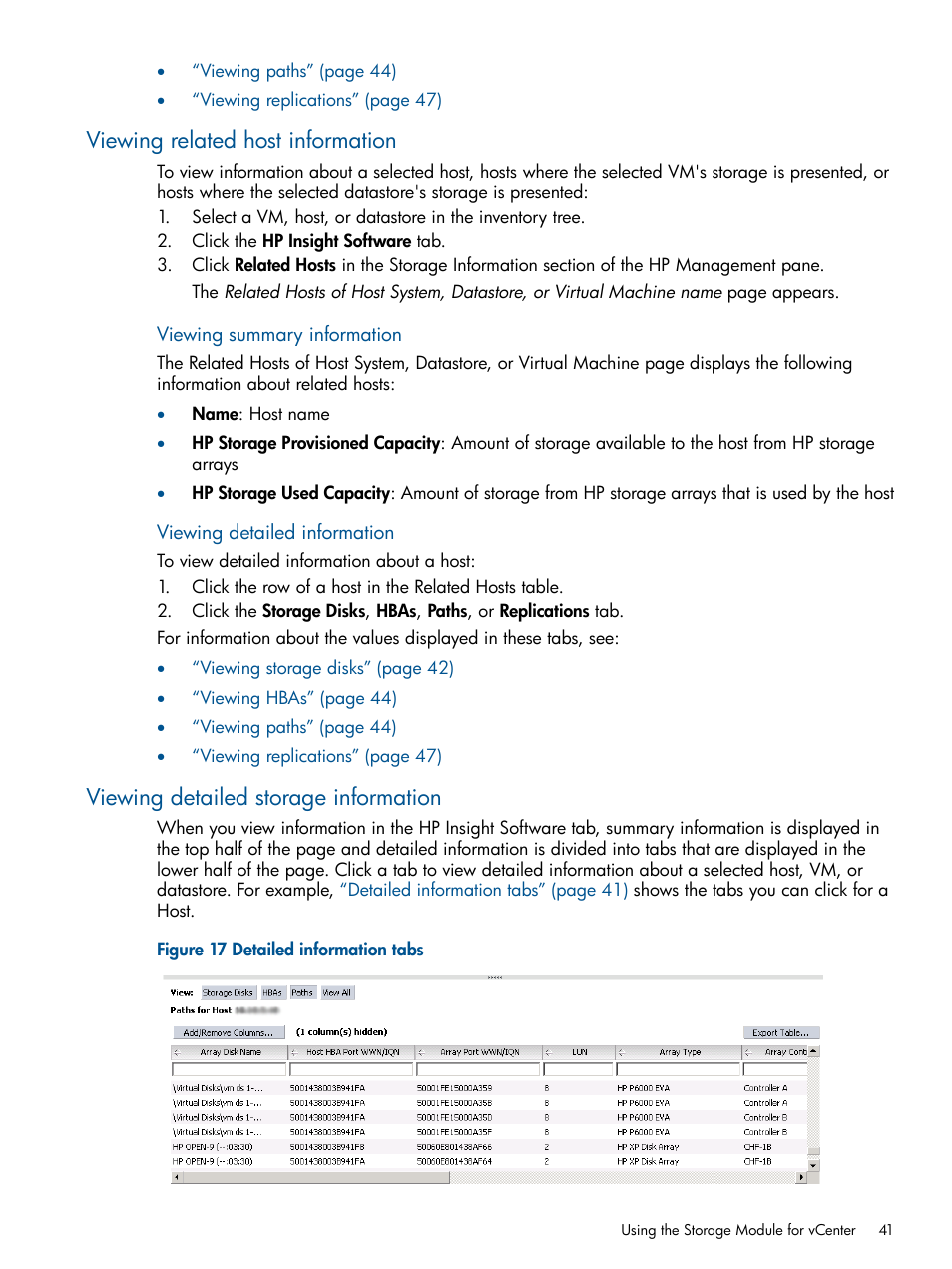 Viewing related host information, Viewing detailed storage information | HP OneView for VMware vCenter User Manual | Page 41 / 92