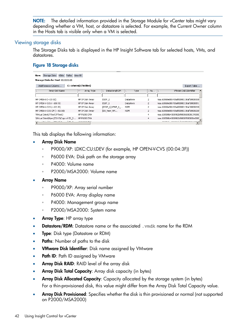 Viewing storage disks | HP OneView for VMware vCenter User Manual | Page 42 / 92