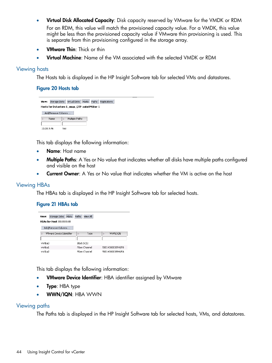 Viewing hosts, Viewing hbas, Viewing paths | Viewing hosts viewing hbas viewing paths | HP OneView for VMware vCenter User Manual | Page 44 / 92