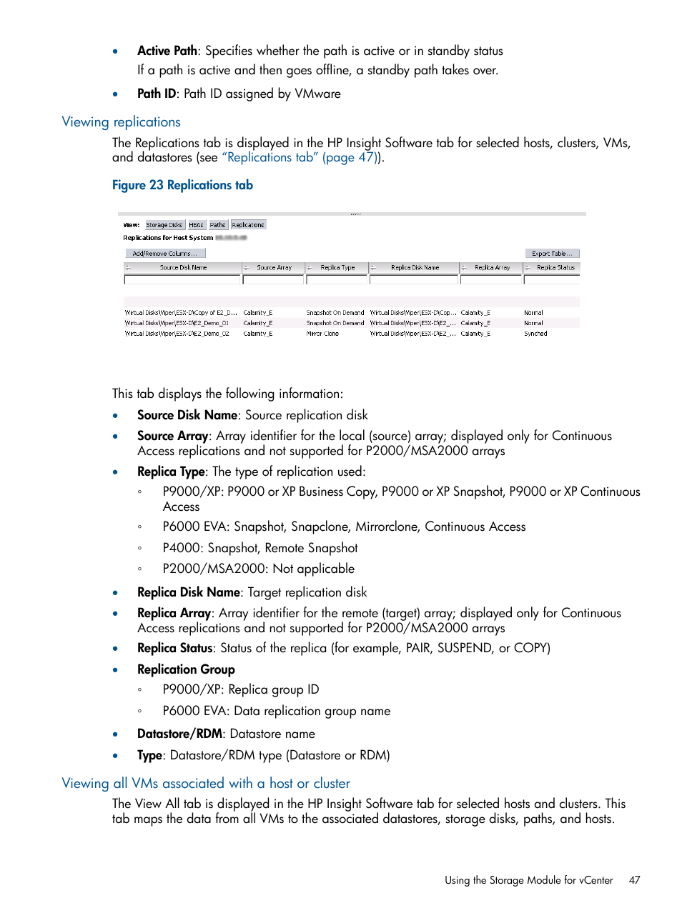 Viewing replications, Viewing all vms associated with a host or cluster | HP OneView for VMware vCenter User Manual | Page 47 / 92