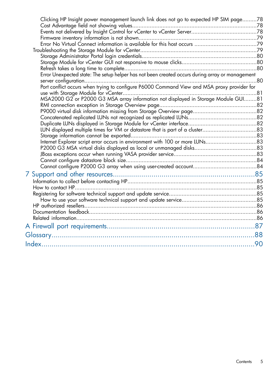 7 support and other resources, A firewall port requirements glossary index | HP OneView for VMware vCenter User Manual | Page 5 / 92