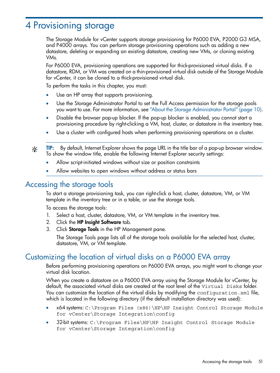 4 provisioning storage, Accessing the storage tools | HP OneView for VMware vCenter User Manual | Page 51 / 92