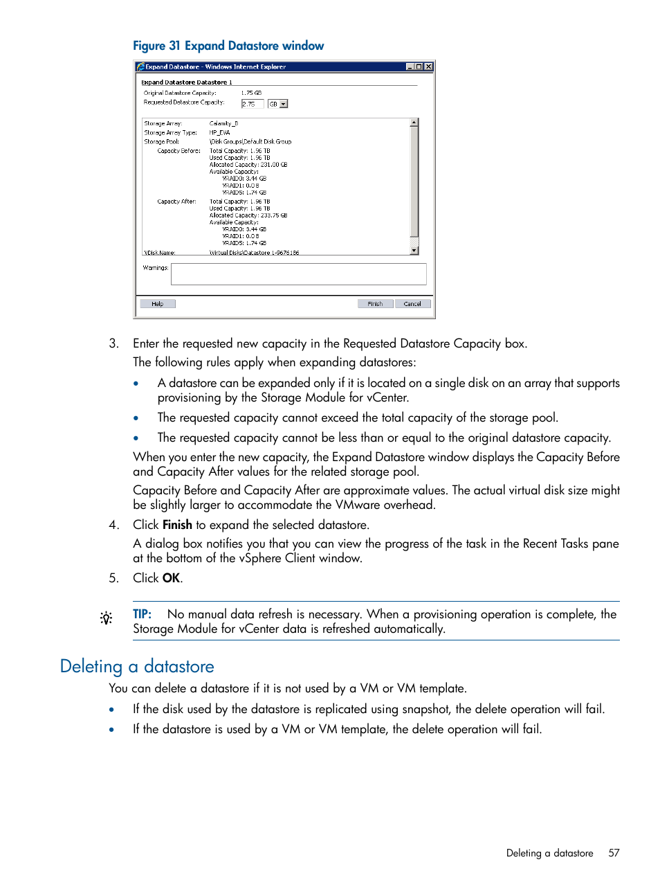 Deleting a datastore | HP OneView for VMware vCenter User Manual | Page 57 / 92