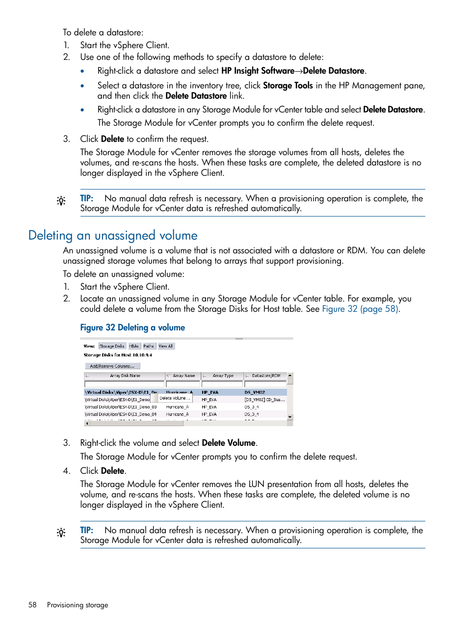 Deleting an unassigned volume | HP OneView for VMware vCenter User Manual | Page 58 / 92