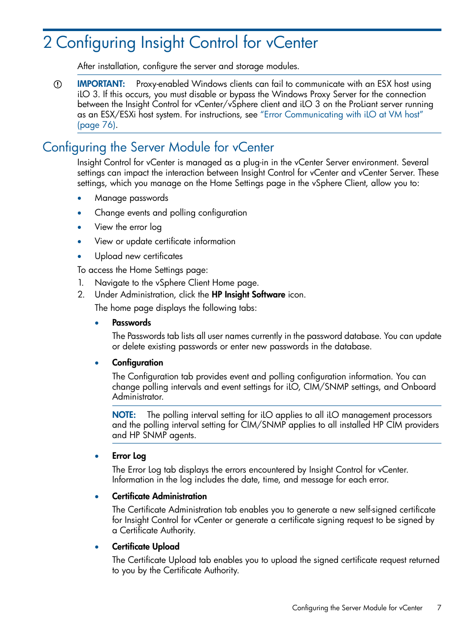 2 configuring insight control for vcenter, Configuring the server module for vcenter | HP OneView for VMware vCenter User Manual | Page 7 / 92