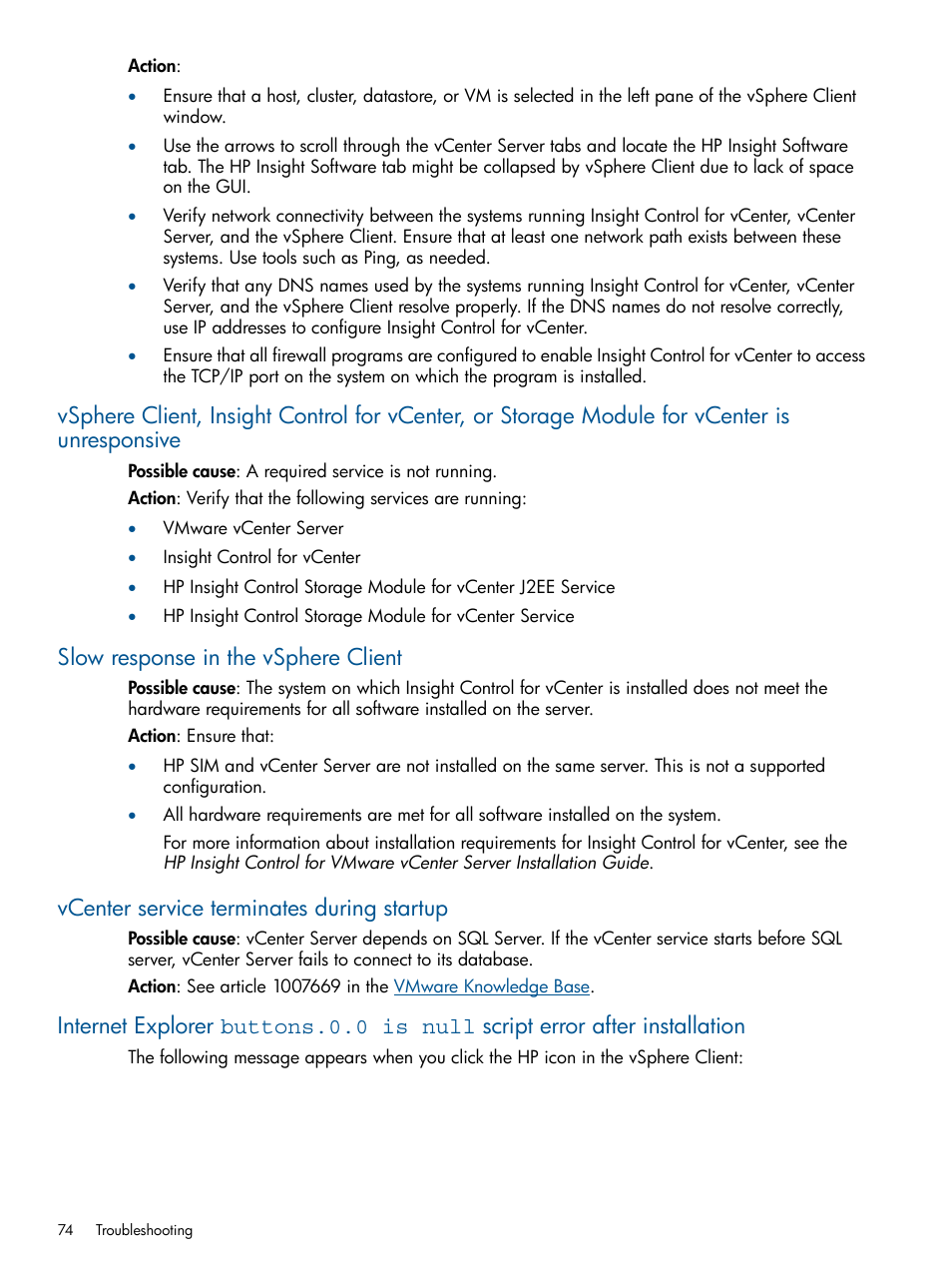 Slow response in the vsphere client, Vcenter service terminates during startup | HP OneView for VMware vCenter User Manual | Page 74 / 92