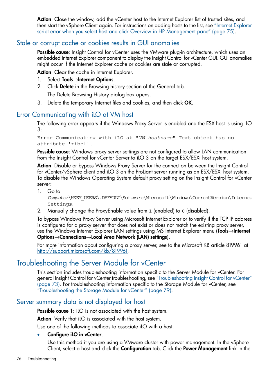 Error communicating with ilo at vm host, Troubleshooting the server module for vcenter, Server summary data is not displayed for host | Troubleshooting the | HP OneView for VMware vCenter User Manual | Page 76 / 92