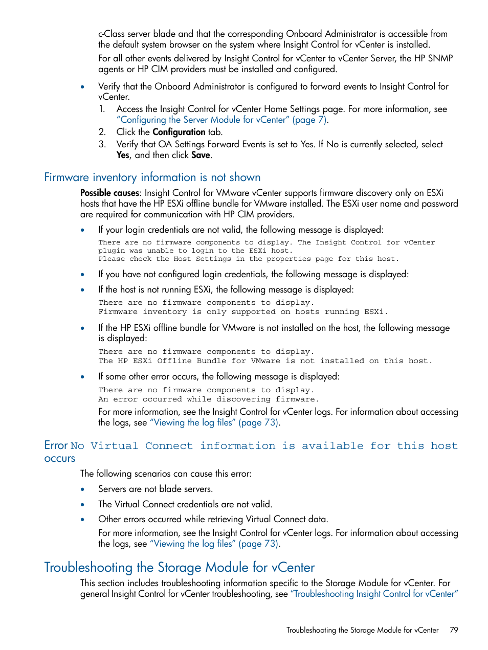 Firmware inventory information is not shown, Troubleshooting the storage module for vcenter | HP OneView for VMware vCenter User Manual | Page 79 / 92