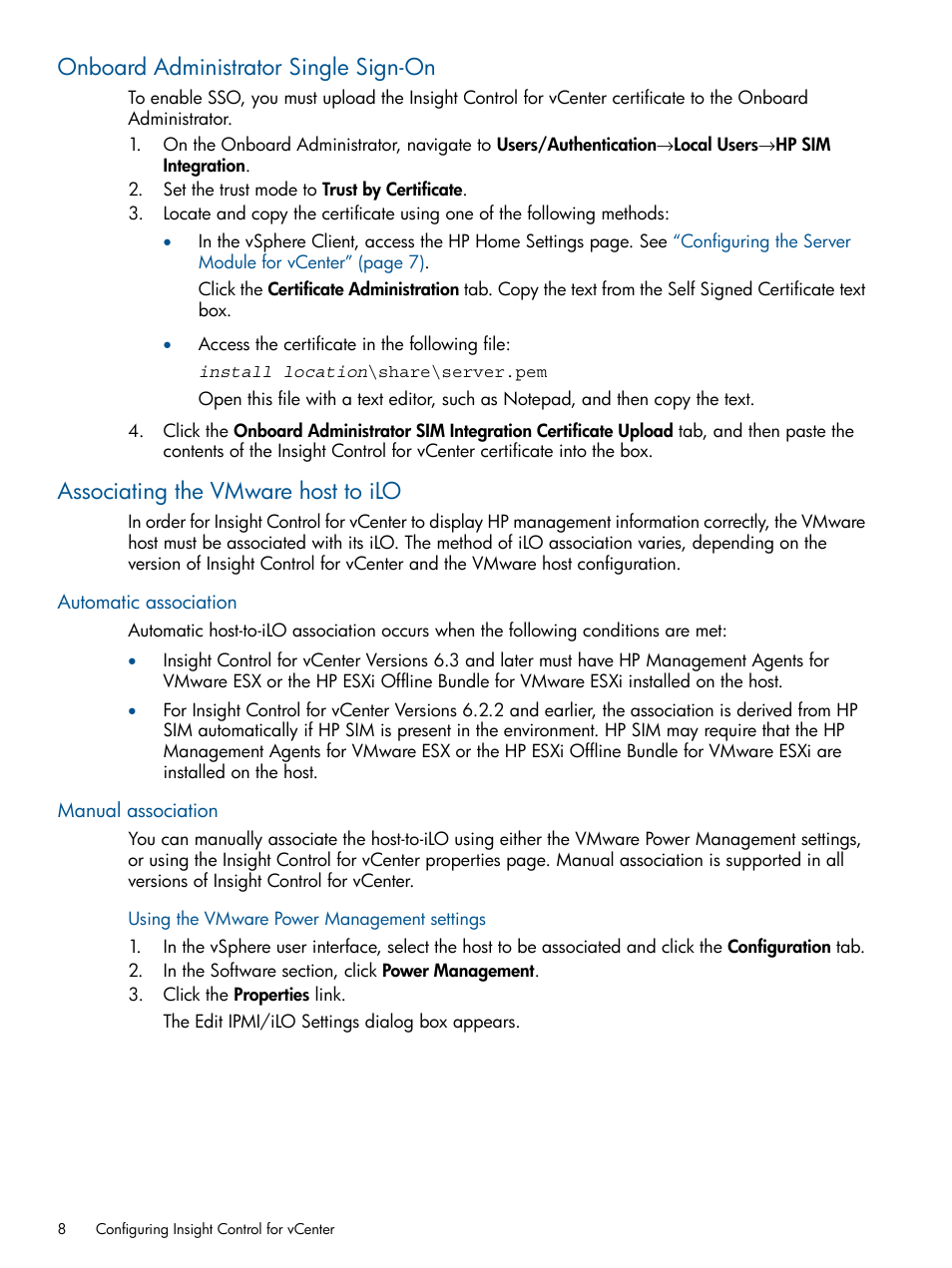 Onboard administrator single sign-on, Associating the vmware host to ilo, Automatic association | Manual association, Automatic association manual association | HP OneView for VMware vCenter User Manual | Page 8 / 92