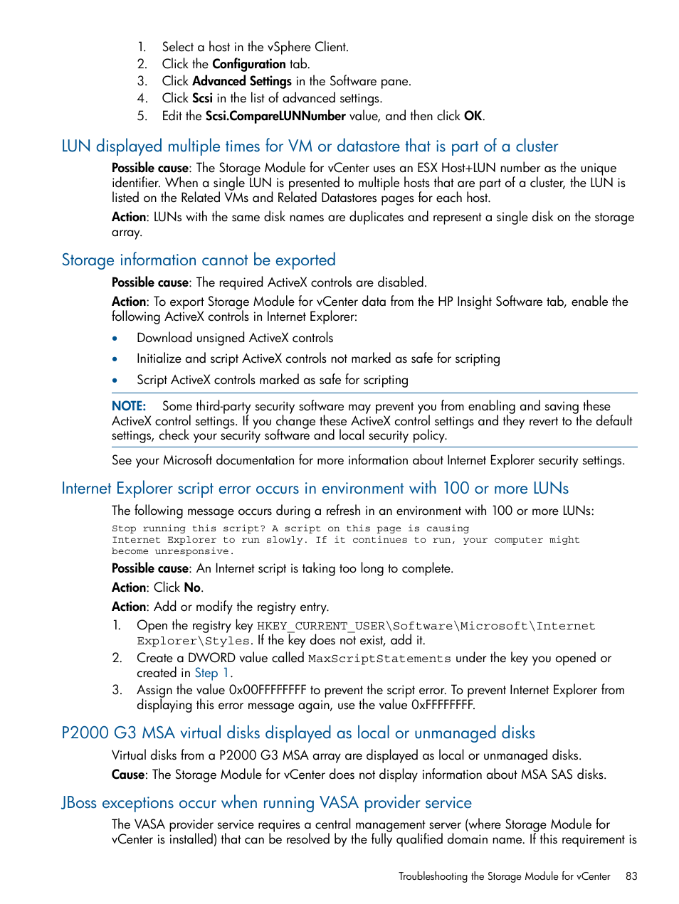 Storage information cannot be exported | HP OneView for VMware vCenter User Manual | Page 83 / 92