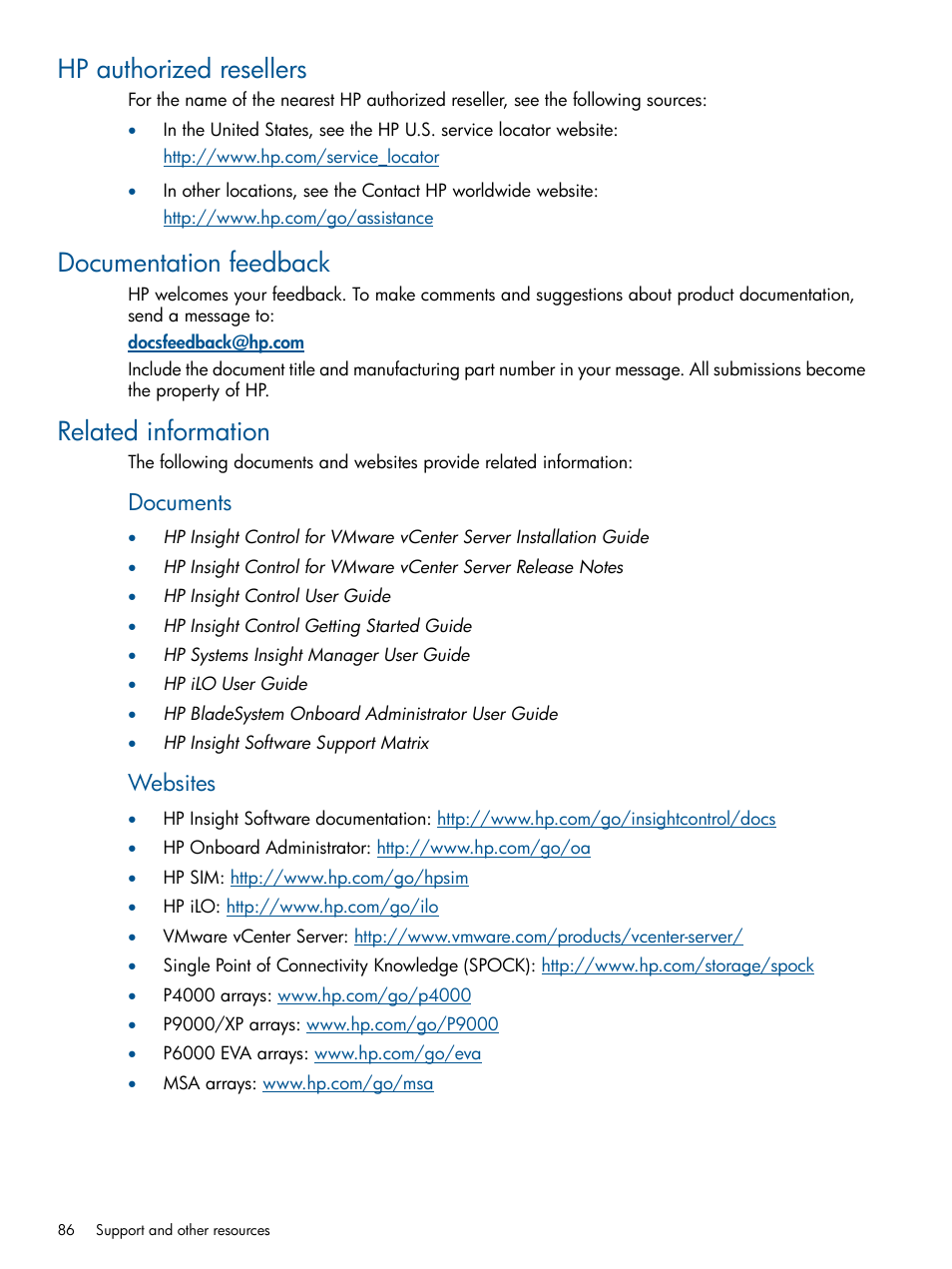 Hp authorized resellers, Documentation feedback, Related information | Documents, Websites | HP OneView for VMware vCenter User Manual | Page 86 / 92