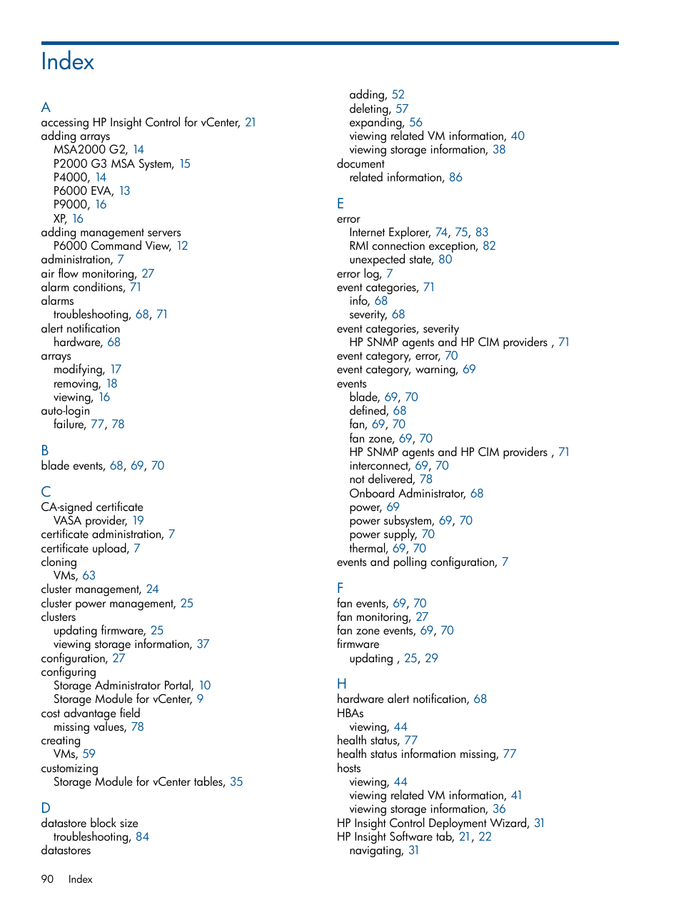 Index | HP OneView for VMware vCenter User Manual | Page 90 / 92