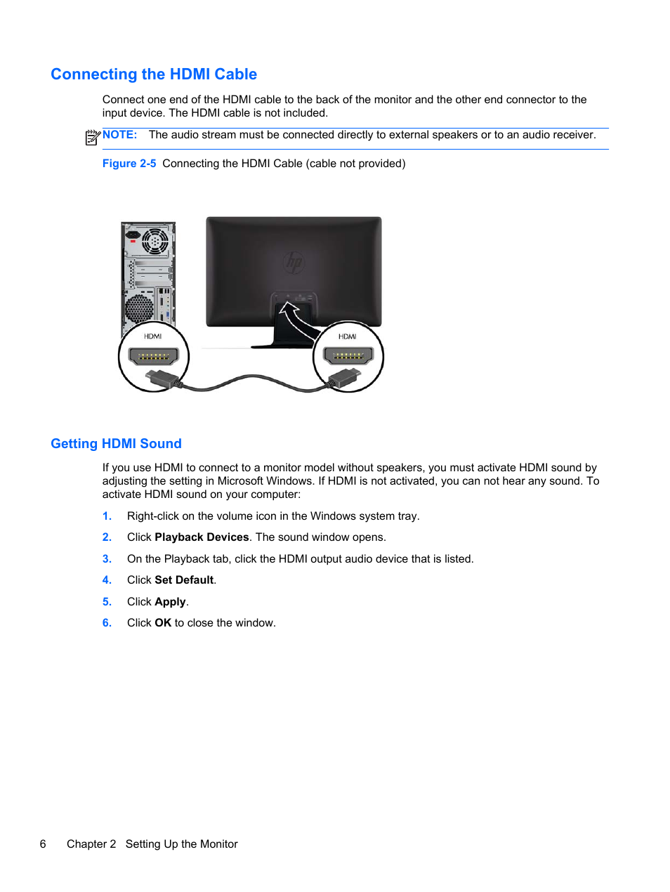 Connecting the hdmi cable, Getting hdmi sound | HP L2314 23-inch LED Backlit Monitor User Manual | Page 12 / 21