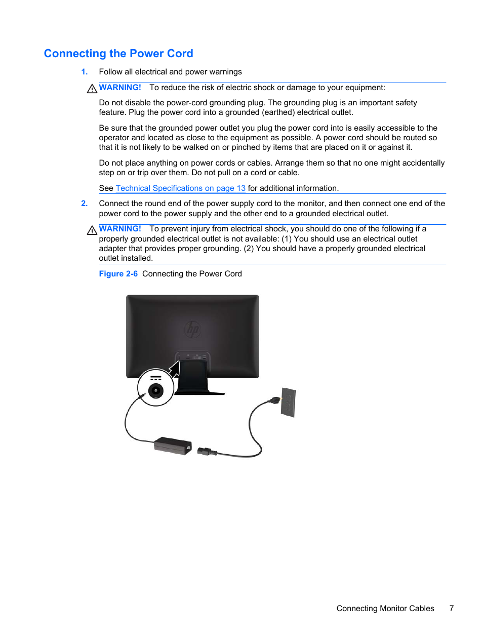 Connecting the power cord | HP L2314 23-inch LED Backlit Monitor User Manual | Page 13 / 21