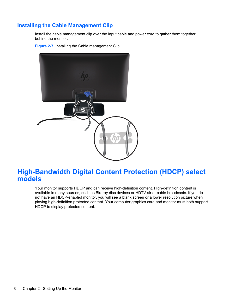 Installing the cable management clip | HP L2314 23-inch LED Backlit Monitor User Manual | Page 14 / 21