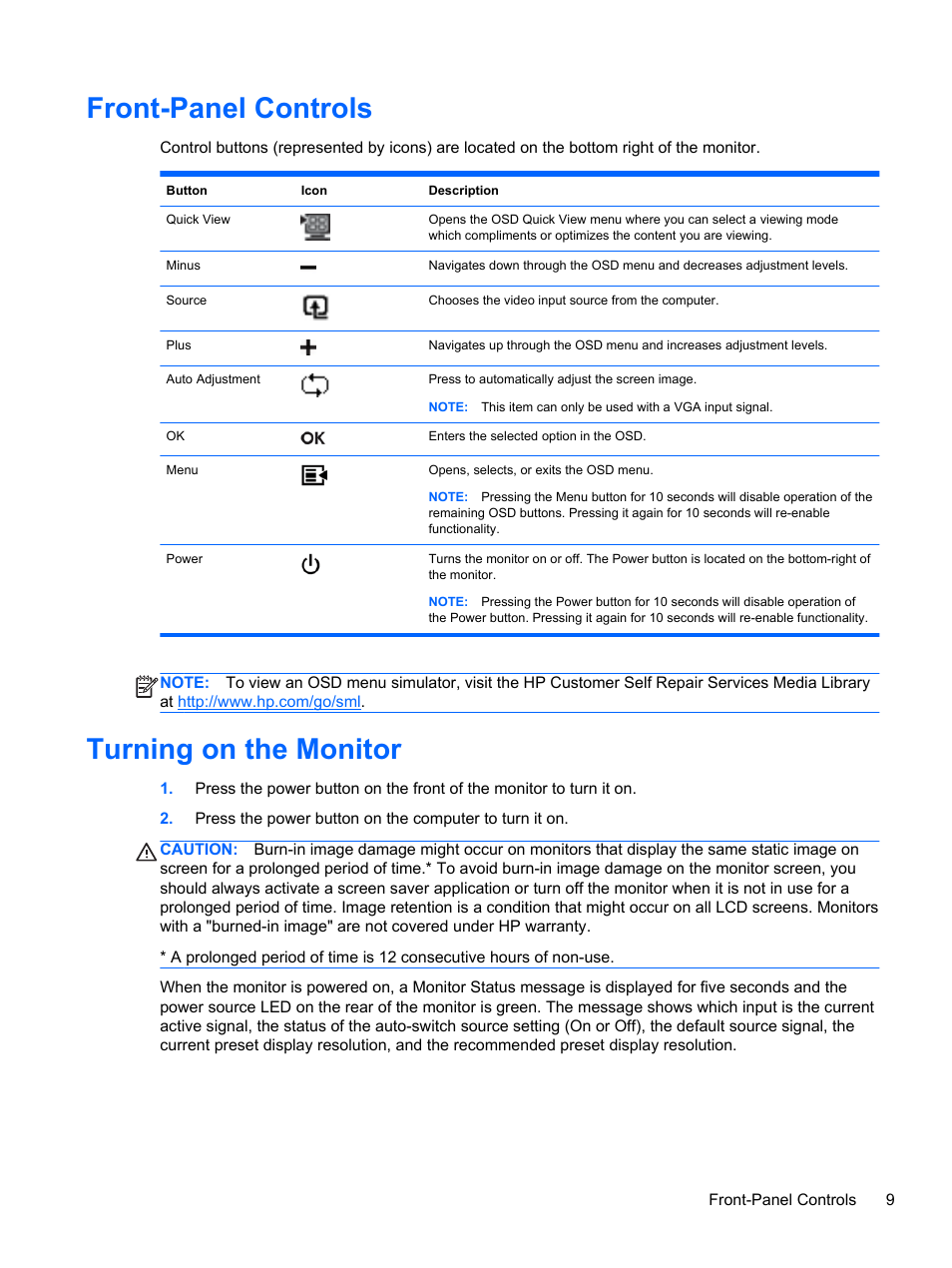 Front-panel controls, Turning on the monitor, Front-panel controls turning on the monitor | HP L2314 23-inch LED Backlit Monitor User Manual | Page 15 / 21