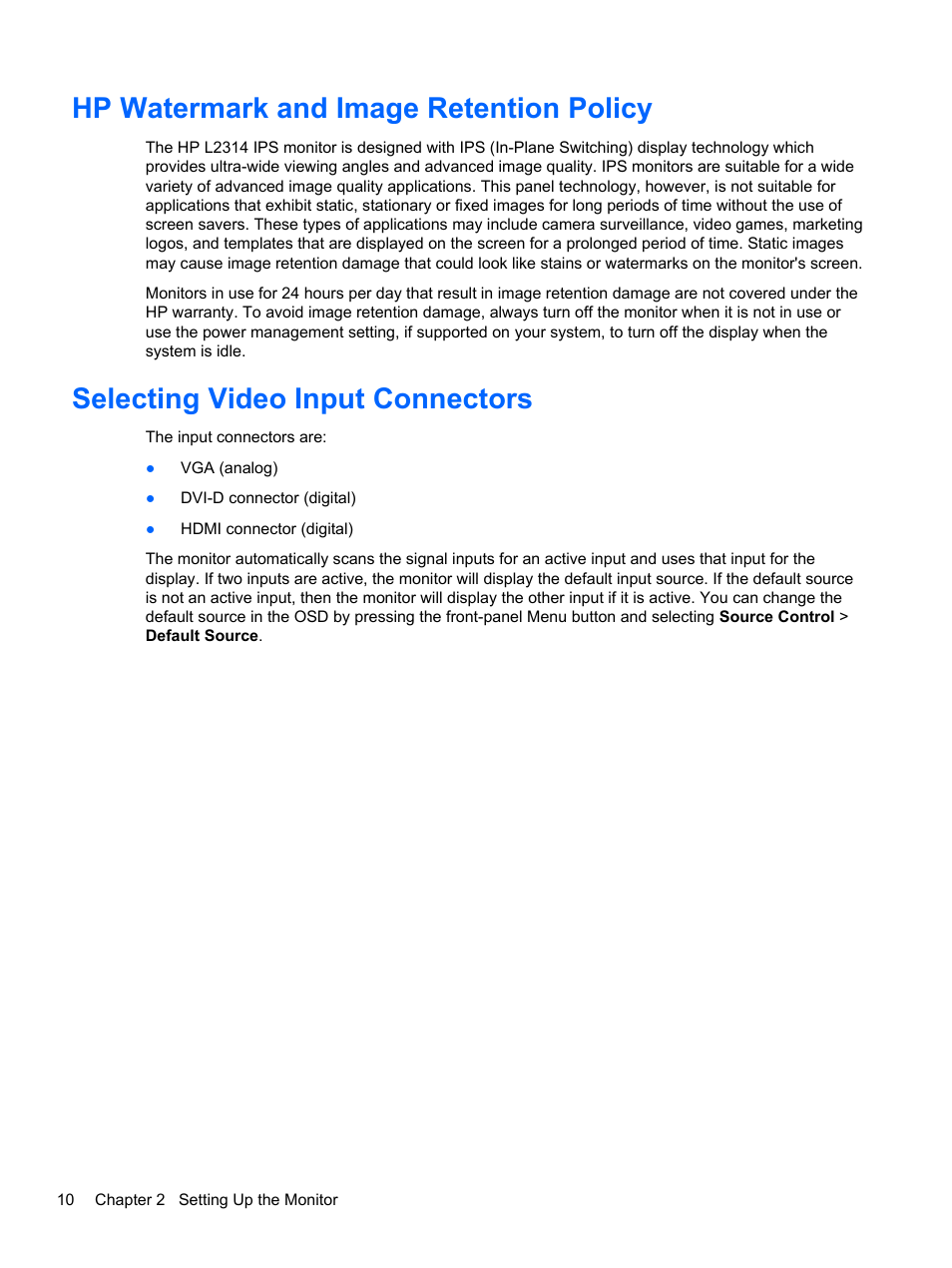 Hp watermark and image retention policy, Selecting video input connectors | HP L2314 23-inch LED Backlit Monitor User Manual | Page 16 / 21