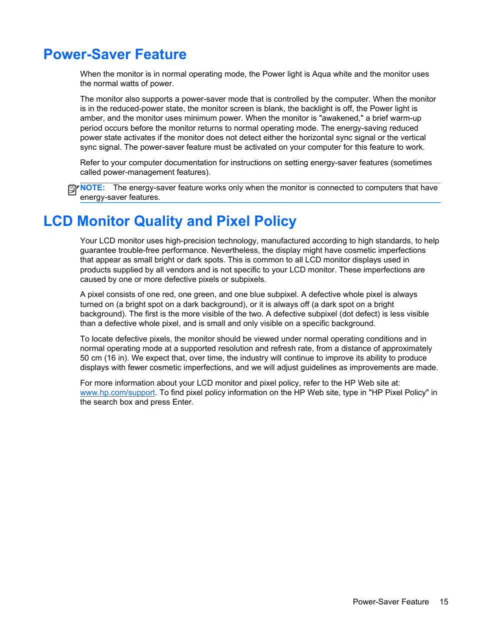 Power-saver feature, Lcd monitor quality and pixel policy | HP L2314 23-inch LED Backlit Monitor User Manual | Page 21 / 21