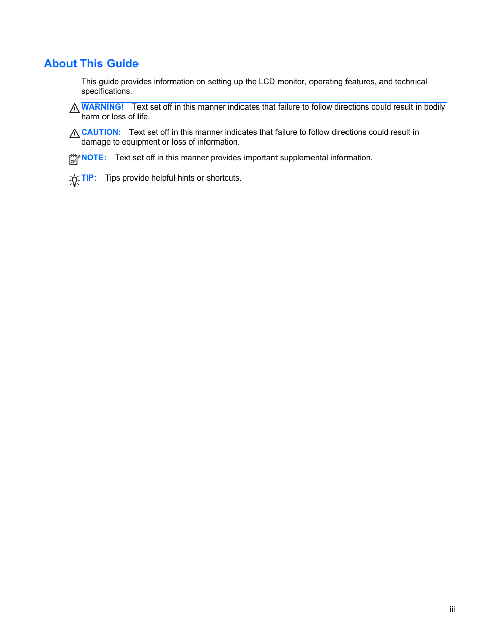About this guide | HP L2314 23-inch LED Backlit Monitor User Manual | Page 3 / 21
