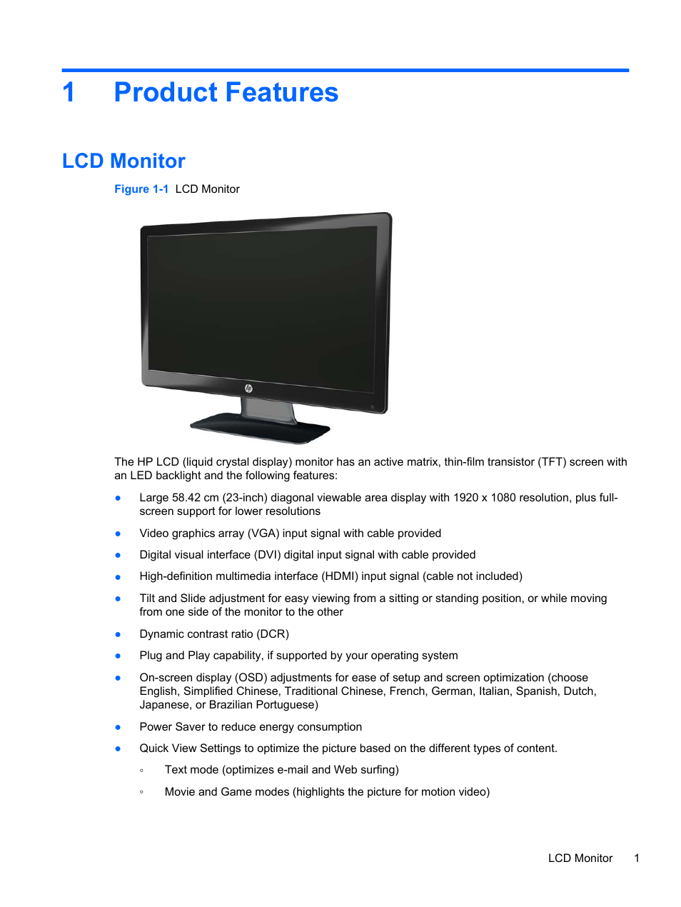 Product features, Lcd monitor, 1 product features | 1product features | HP L2314 23-inch LED Backlit Monitor User Manual | Page 7 / 21