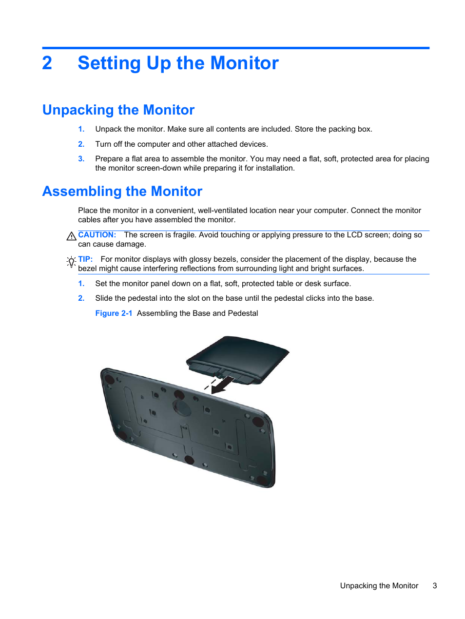 Setting up the monitor, Unpacking the monitor, Assembling the monitor | 2 setting up the monitor, Unpacking the monitor assembling the monitor, 2setting up the monitor | HP L2314 23-inch LED Backlit Monitor User Manual | Page 9 / 21