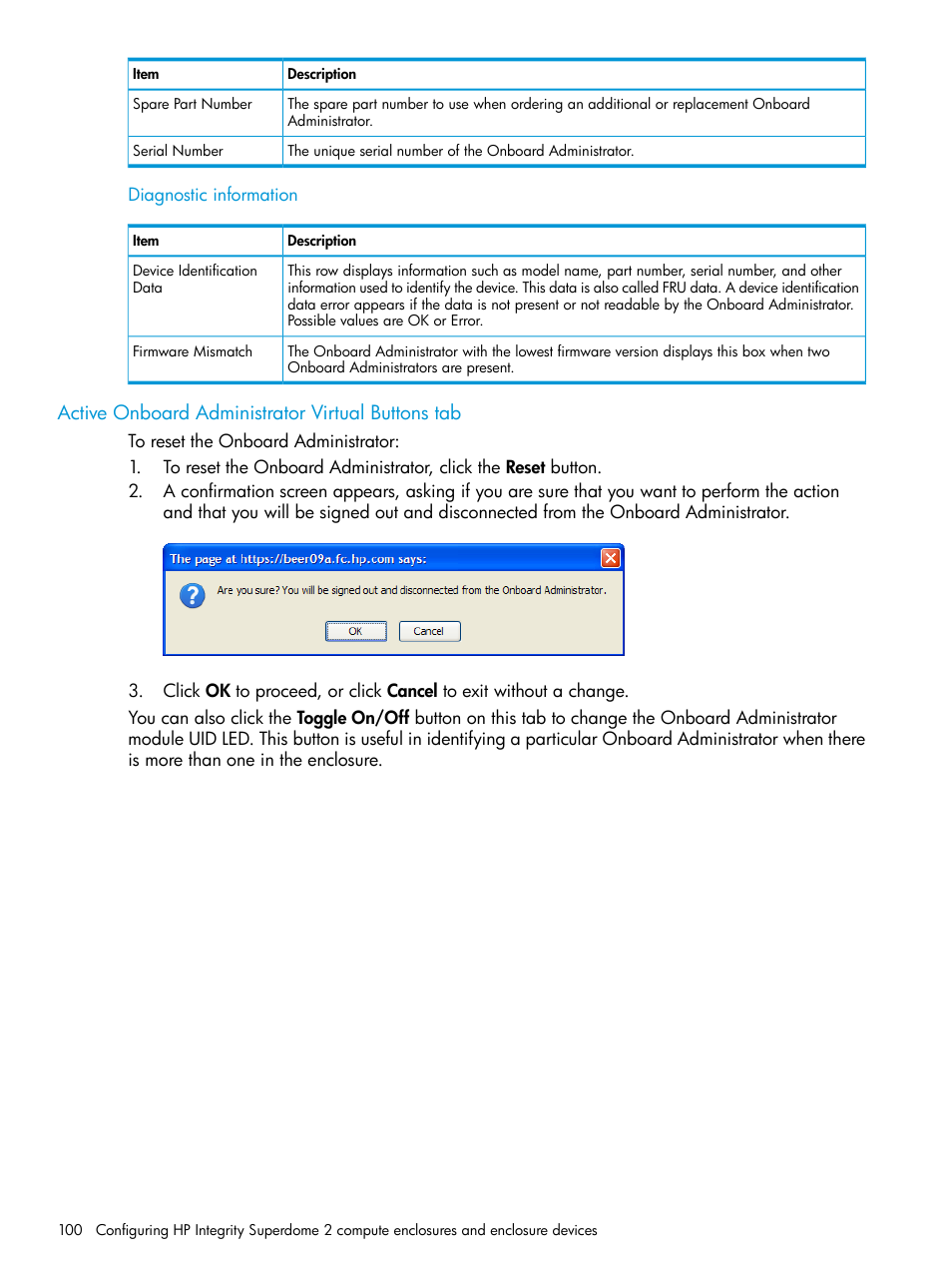 Active onboard administrator virtual buttons tab | HP Integrity Superdome 2 Server User Manual | Page 100 / 197