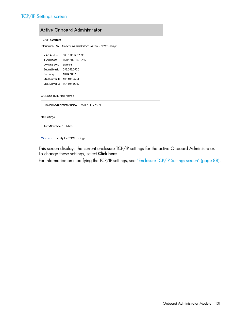 Tcp/ip settings screen | HP Integrity Superdome 2 Server User Manual | Page 101 / 197