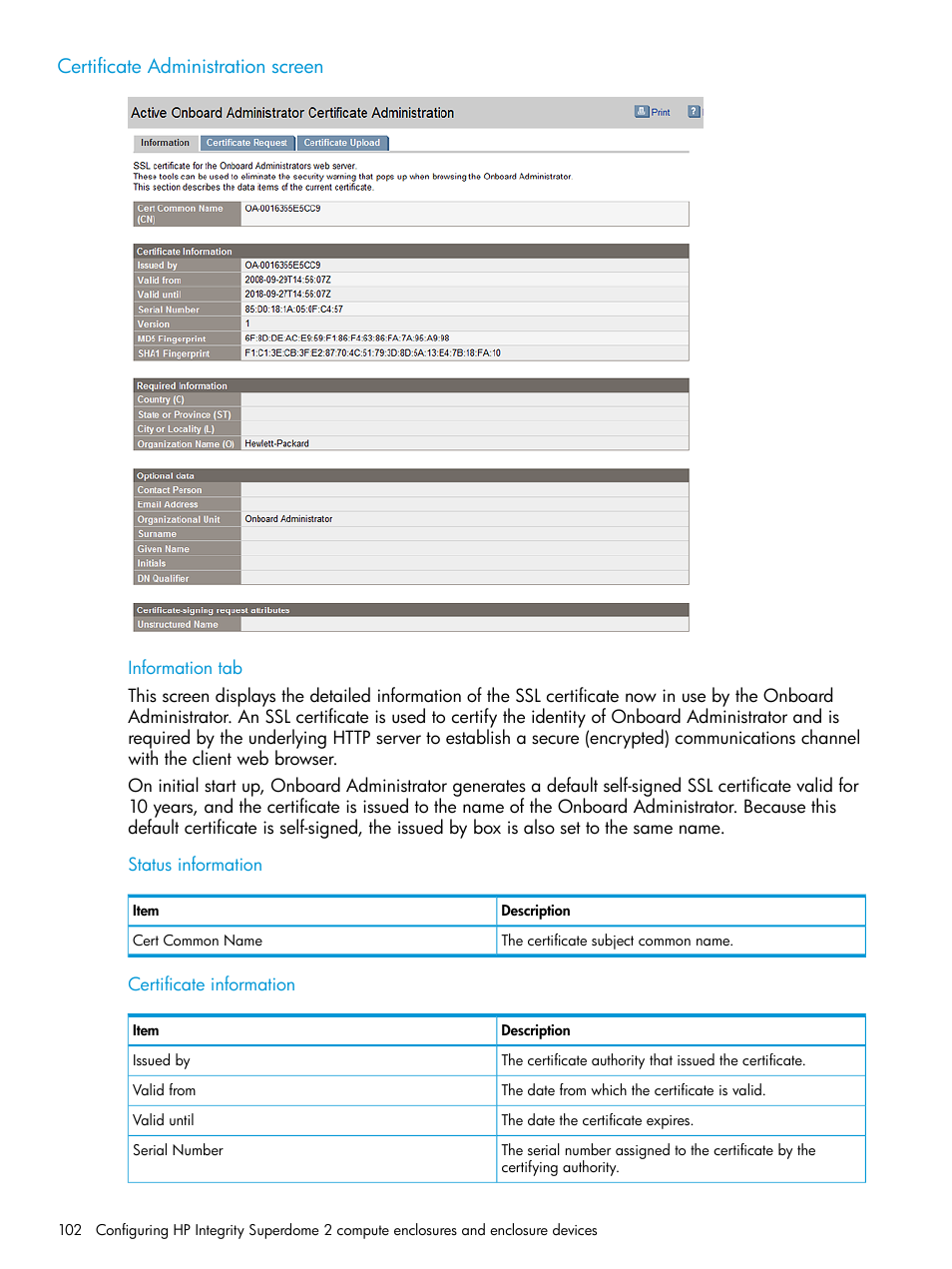 Certificate administration screen | HP Integrity Superdome 2 Server User Manual | Page 102 / 197