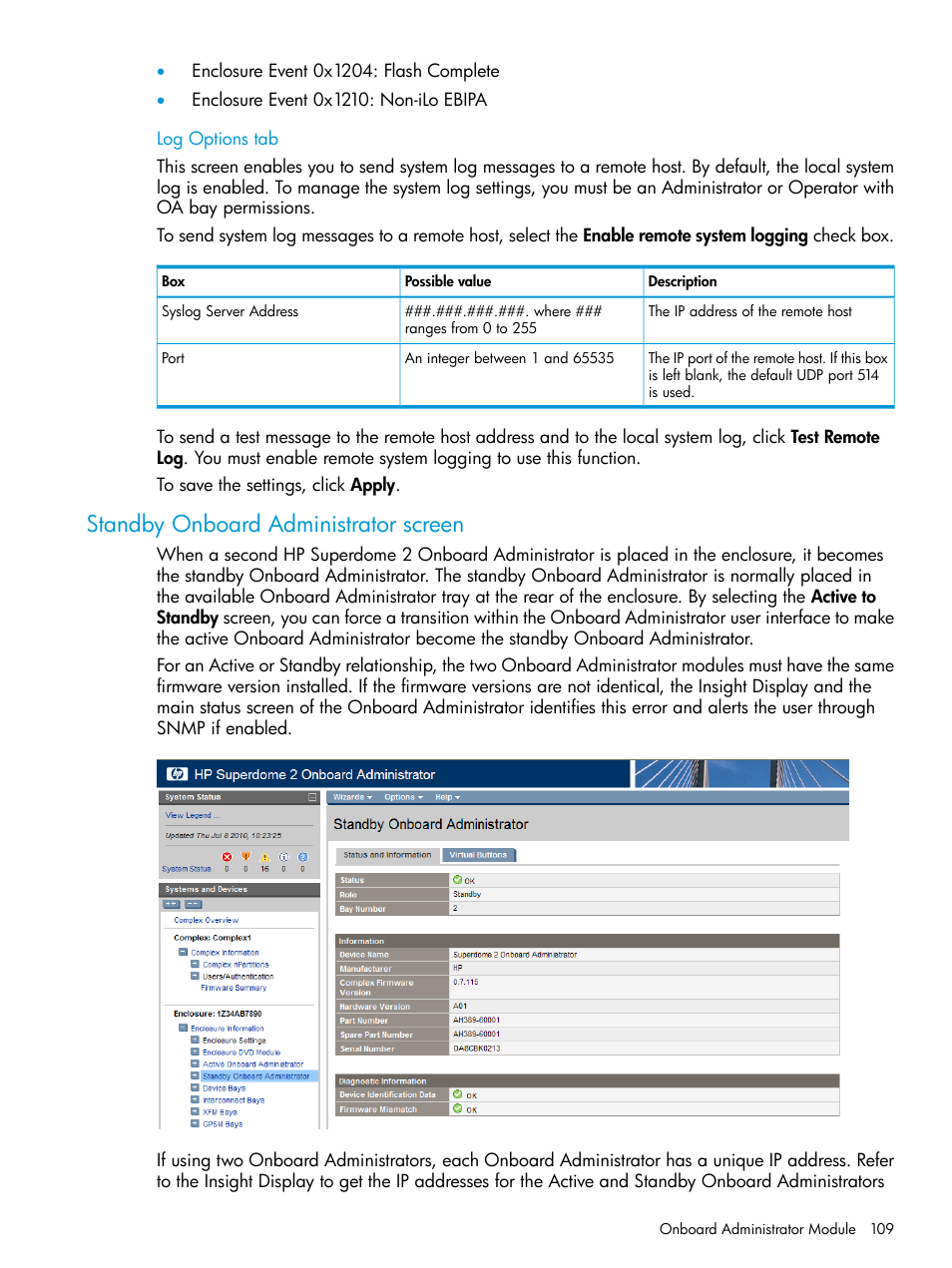 Log options tab, Standby onboard administrator screen | HP Integrity Superdome 2 Server User Manual | Page 109 / 197