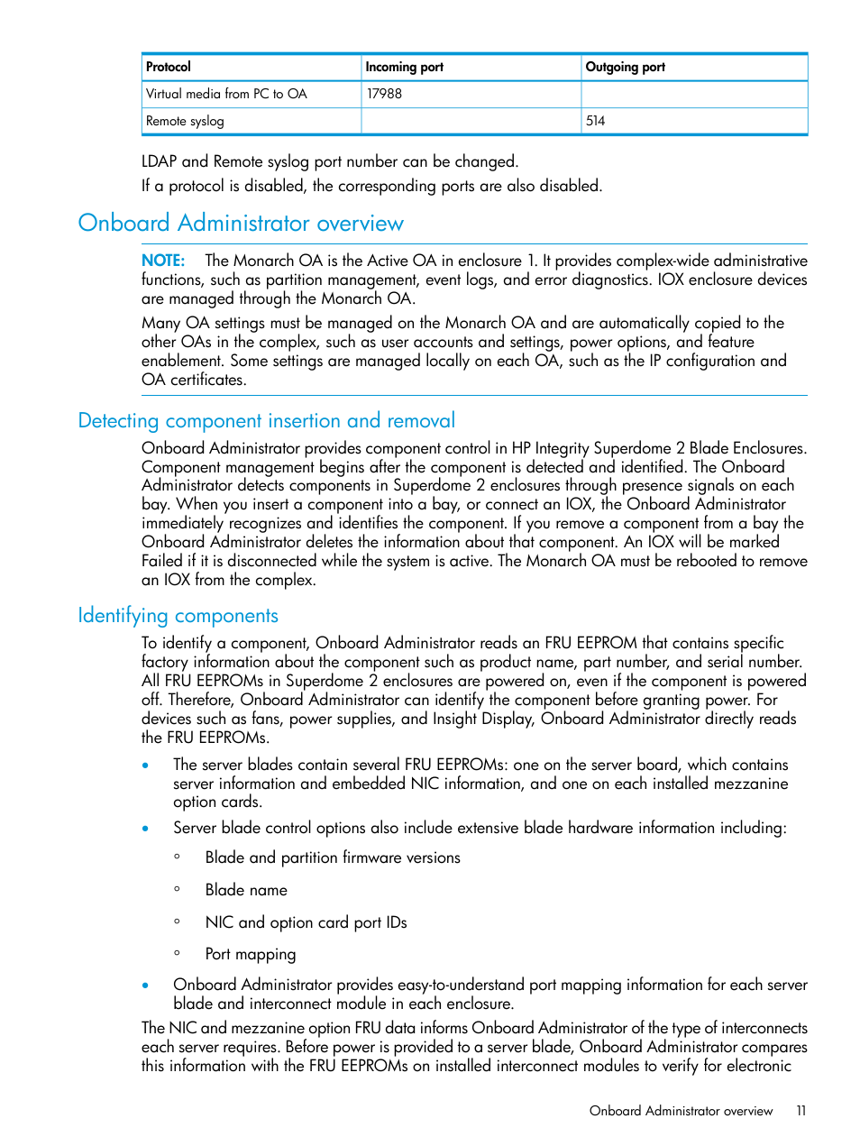 Onboard administrator overview, Detecting component insertion and removal, Identifying components | HP Integrity Superdome 2 Server User Manual | Page 11 / 197