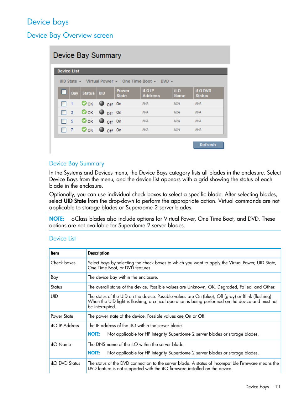 Device bays, Device bay overview screen, Device bay summary | Device list | HP Integrity Superdome 2 Server User Manual | Page 111 / 197