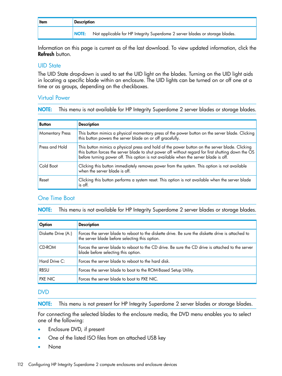 Uid state, Virtual power, One time boot | HP Integrity Superdome 2 Server User Manual | Page 112 / 197