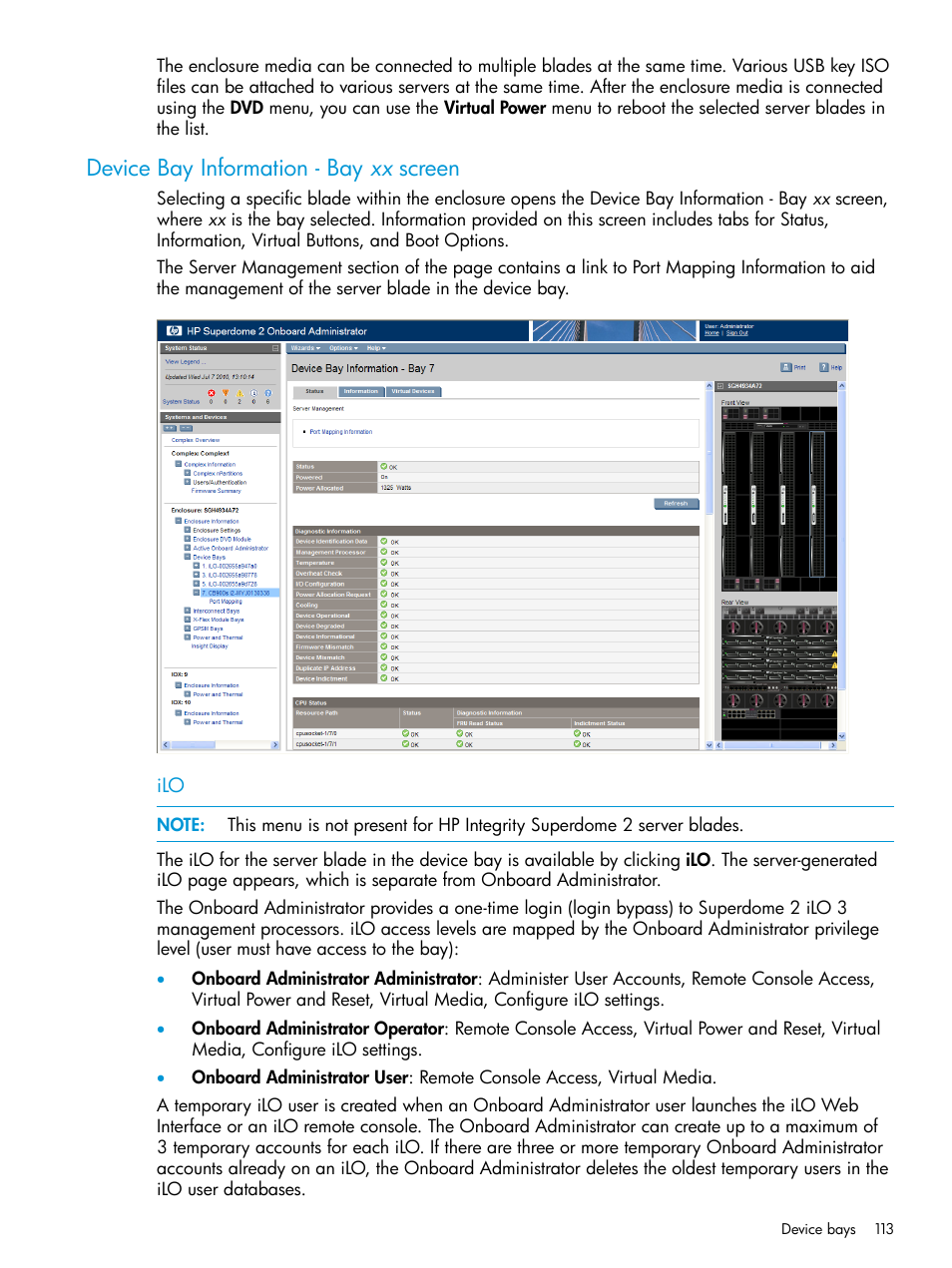 Device bay information - bay xx screen | HP Integrity Superdome 2 Server User Manual | Page 113 / 197