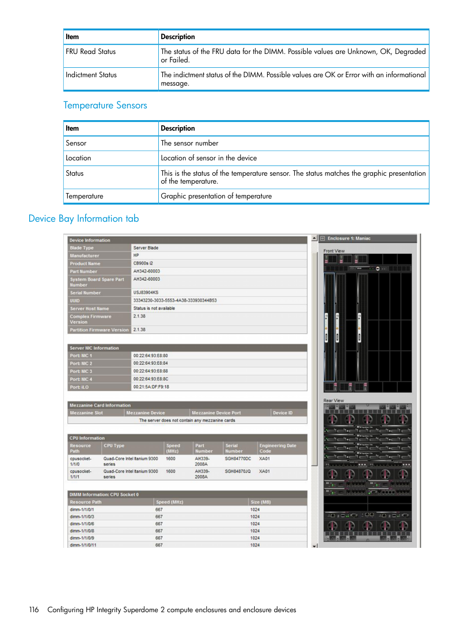 Device bay information tab, Temperature sensors | HP Integrity Superdome 2 Server User Manual | Page 116 / 197