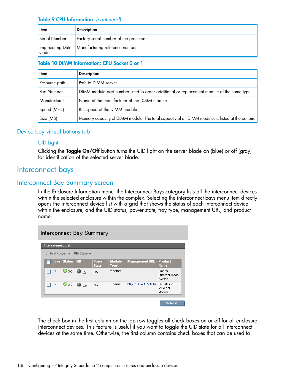 Device bay virtual buttons tab, Interconnect bays, Interconnect bay summary screen | HP Integrity Superdome 2 Server User Manual | Page 118 / 197