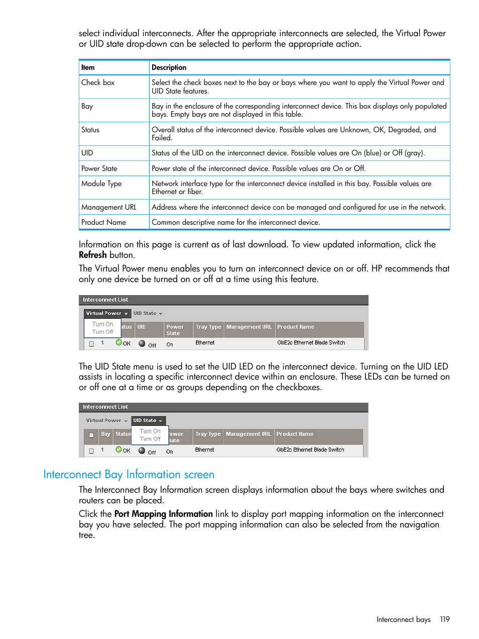 Interconnect bay information screen | HP Integrity Superdome 2 Server User Manual | Page 119 / 197