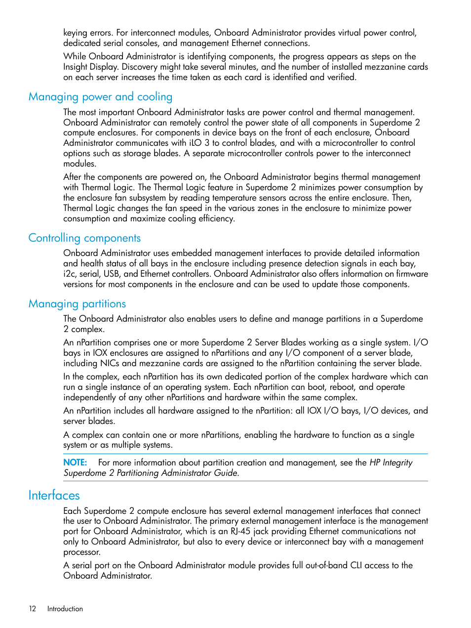 Managing power and cooling, Controlling components, Managing partitions | Interfaces | HP Integrity Superdome 2 Server User Manual | Page 12 / 197