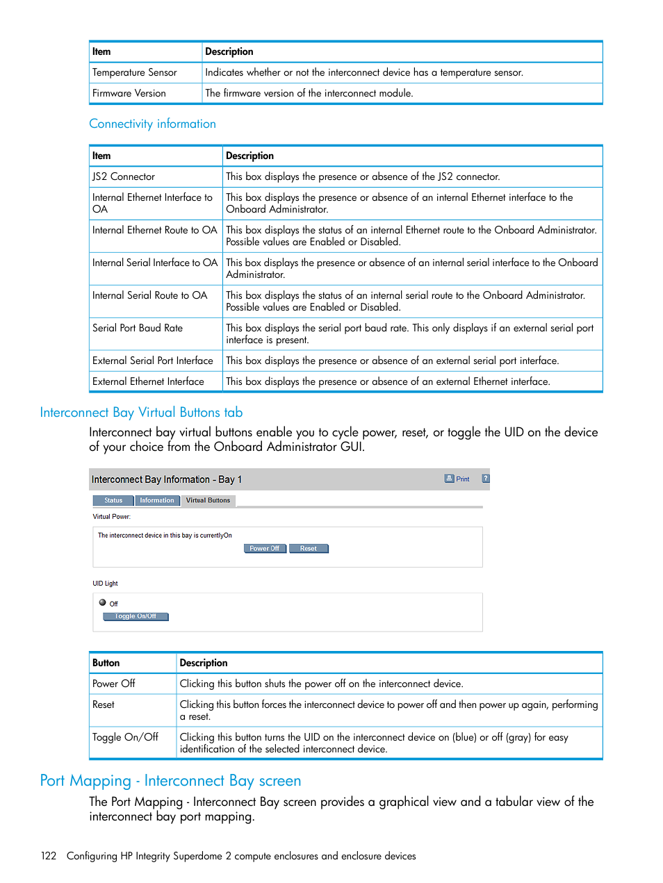 Interconnect bay virtual buttons tab, Port mapping - interconnect bay screen | HP Integrity Superdome 2 Server User Manual | Page 122 / 197