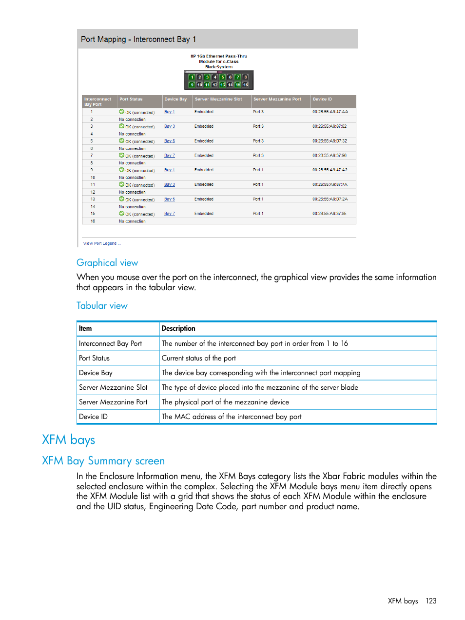 Xfm bays, Xfm bay summary screen | HP Integrity Superdome 2 Server User Manual | Page 123 / 197