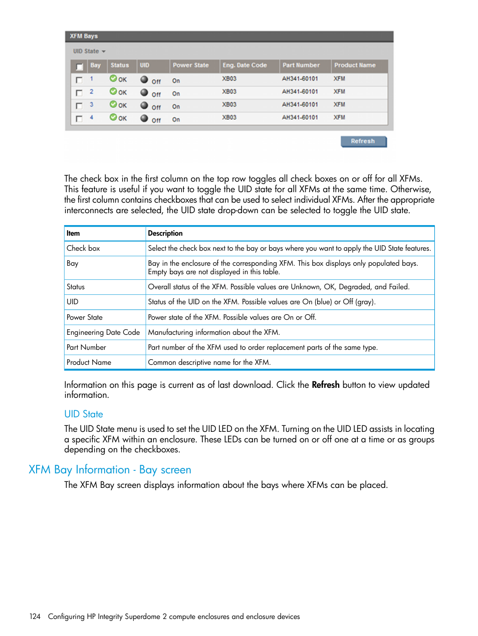 Xfm bay information - bay screen, Uid state | HP Integrity Superdome 2 Server User Manual | Page 124 / 197