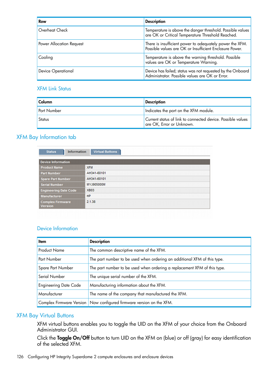 Xfm bay information tab, Xfm bay virtual buttons, Xfm bay information tab xfm bay virtual buttons | HP Integrity Superdome 2 Server User Manual | Page 126 / 197